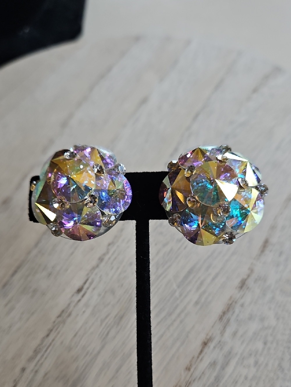 Iridescent Aurora Borealis acrylic and Crystal Clip-On Earrings 80s Lightweght - Picture 2 of 5